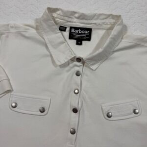 Barbour International Women Polo Shirt SZ 14 Pique Snap Pocket White‎ GUC